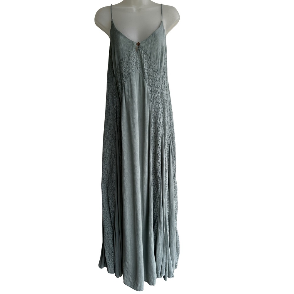 Free-est People Trail Of Flowers Boho Green Lace Open Back Gauze Maxi Dress XS